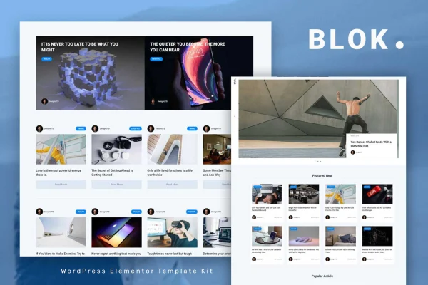 Blok blog and magazine Elementor template kit cover showing page layouts