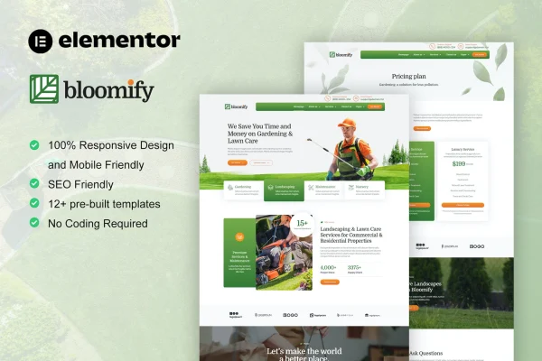 Bloomify gardening and landscape Elementor template kit preview