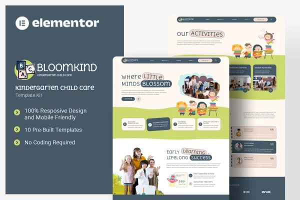 Bloomkind kindergarten and child care Elementor template kit preview
