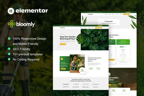 Bloomly landscaping and gardening Elementor template kit preview