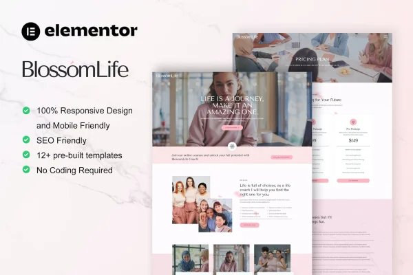 BlossomLife Elementor template kit preview for women life coach and consulting websites