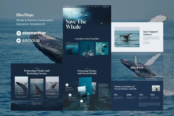 BlueHope whale and marine conservation Elementor template kit preview