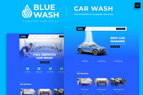 Bluewash car washing and cleaning services Elementor template kit preview