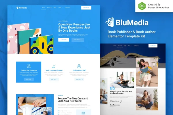 BluMedia Elementor template kit preview for book publishers and authors
