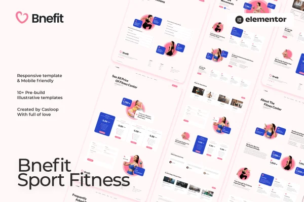 Bnefit gym and fitness center Elementor template kit preview with pastel page layouts