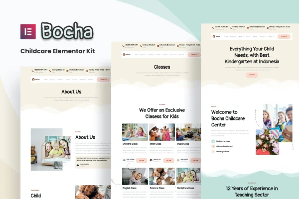 Bocha childcare Elementor template kit cover showing colorful preschool website pages