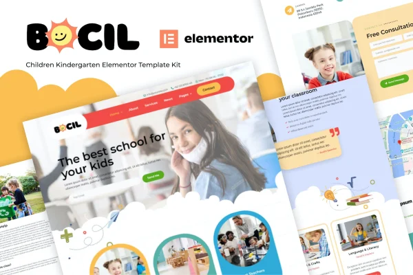 Bocil kindergarten Elementor template kit preview with colorful child-friendly page layouts