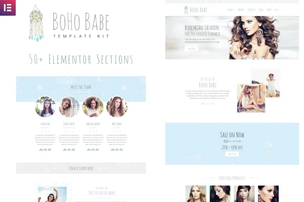 Boho Babe Elementor template kit cover with bohemian feather and dream catcher designs