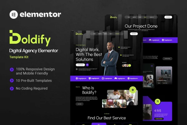 Boldify digital agency Elementor template kit cover showing page layouts