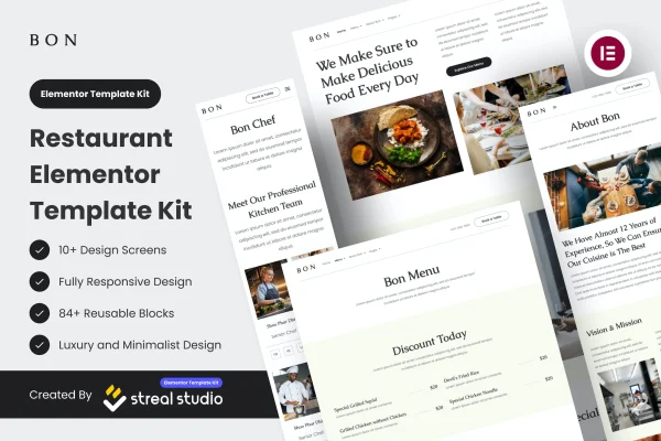 Bon restaurant Elementor template kit preview with minimalist serif page designs