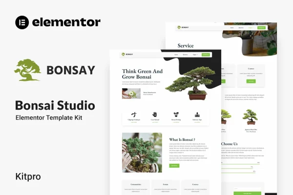 Bonsay bonsai studio Elementor template kit preview showing page layouts