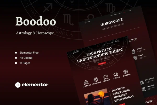 Boodoo astrology and horoscope Elementor template kit page previews