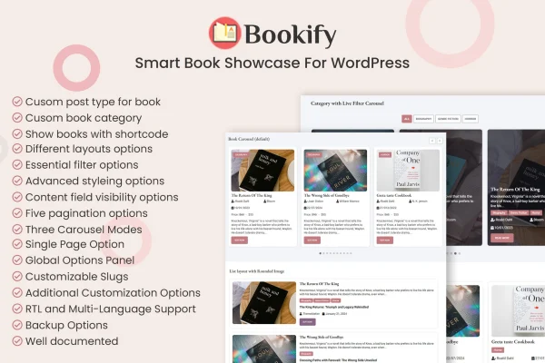 Bookify Pro WordPress plugin banner with book cover display layouts