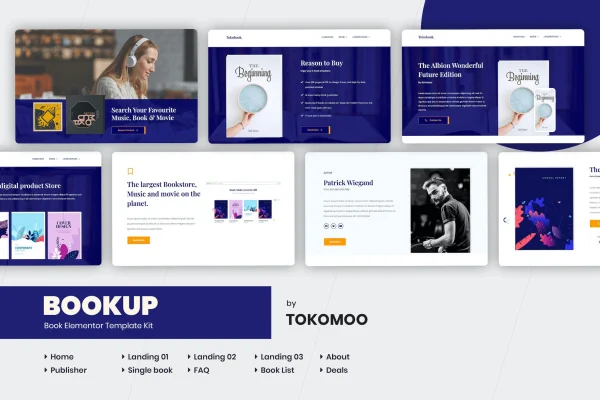 Bookup Book Store Elementor Template Kit cover showing bookstore website page designs