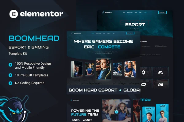 BoomHead esport and gaming Elementor template kit preview