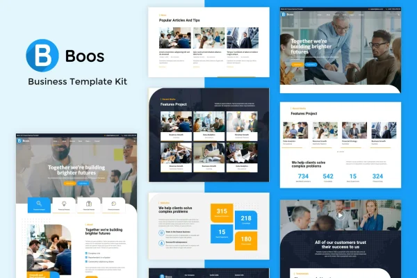 Boos business Elementor template kit cover showing homepage and inner page designs