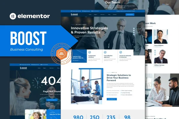 Boost business consulting Elementor template kit preview showing page layouts