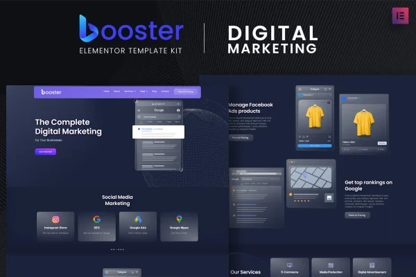 Booster digital marketing Elementor template kit cover showing agency website page layouts