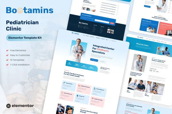 Bootamins pediatrician clinic Elementor template kit preview with child-friendly page designs