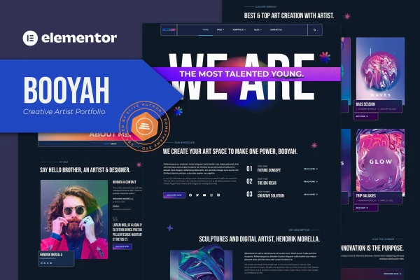 Booyah creative artist portfolio Elementor template kit with dark page layouts