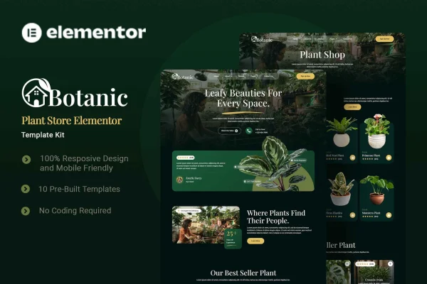 Botanic plant store Elementor template kit preview with green plant-themed page layouts