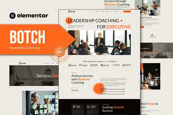 Botch business coaching Elementor template kit cover showing website page layouts