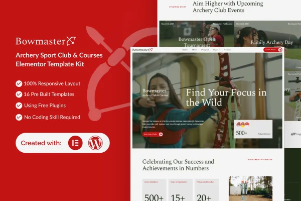 Bowmaster archery club and courses Elementor template kit preview