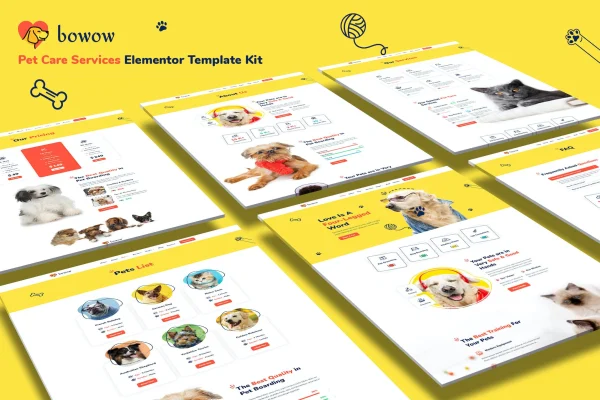 Bowow pet care services Elementor template kit preview