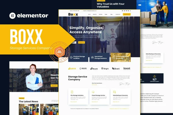 Boxx storage services company Elementor template kit cover showing website page layouts