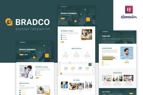 Bradco business Elementor template kit cover with yellow and blue page layouts