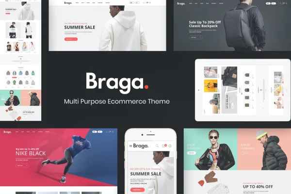 Braga fashion WooCommerce theme preview with homepage slider and product grid