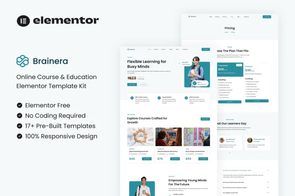 Brainera online course and education Elementor template kit preview