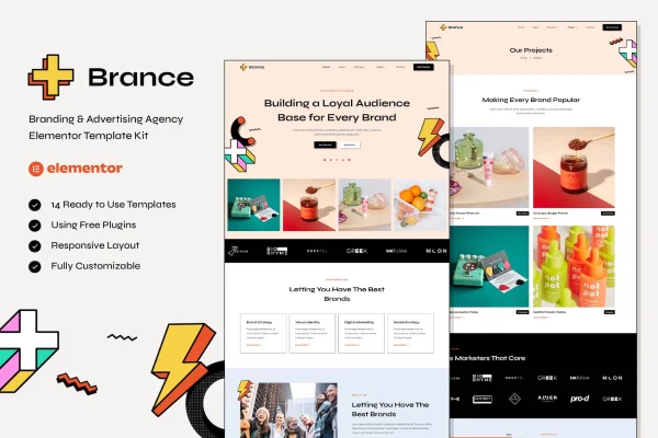 Brance branding and advertising agency Elementor template kit preview