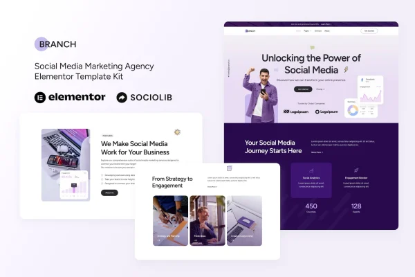 Branch social media marketing agency Elementor template kit preview