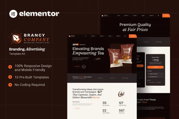 Brancy branding and advertising Elementor template kit preview