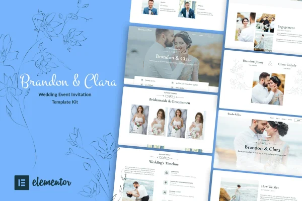 Brandon & Clara wedding invitation Elementor template kit preview