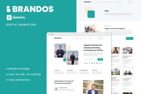 Brandos digital marketing Elementor template kit cover showing agency page layouts