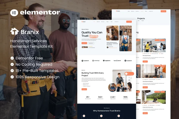 Branix handyman services Elementor template kit preview
