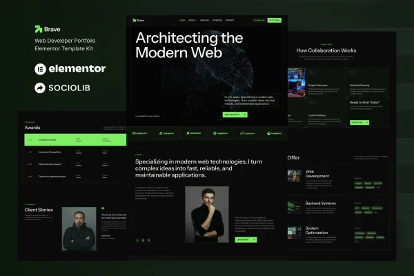 Brave web developer portfolio Elementor template kit preview