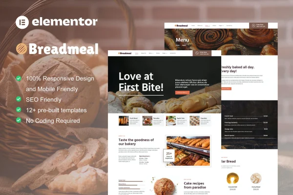 BreadMeal bakery and cake Elementor template kit preview