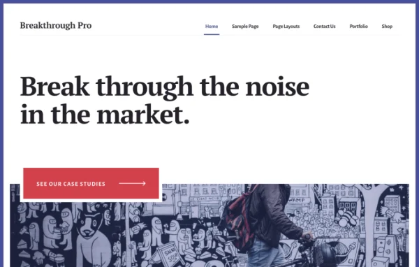 Breakthrough Pro WordPress theme preview showing a business homepage layout