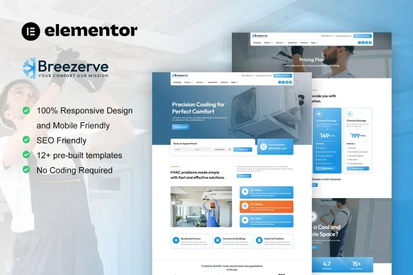 Breezerve air conditioner and HVAC repair Elementor template kit preview