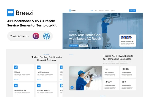 Breezi air conditioner and HVAC repair Elementor template kit preview