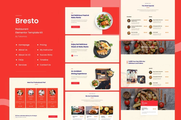 Bresto restaurant and cafe Elementor template kit preview with food page layouts