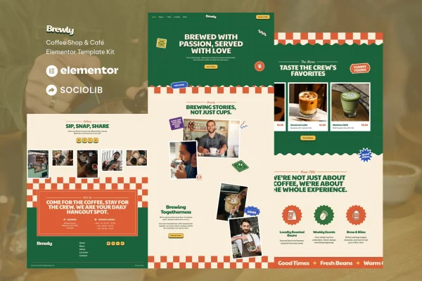 Brewly coffee shop and cafe Elementor template kit preview