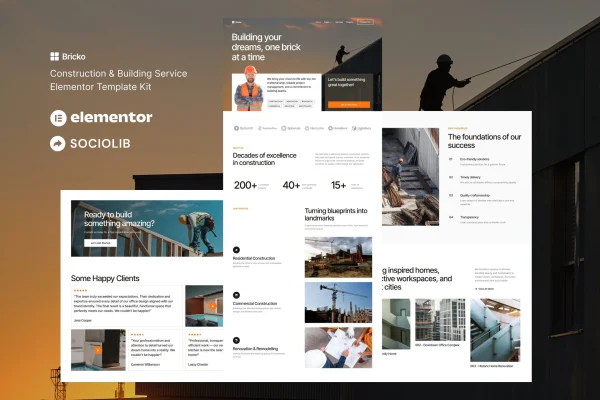 Bricko construction and building service Elementor template kit preview