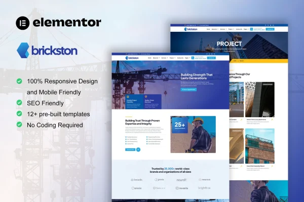 Brickston construction and building service Elementor template kit preview