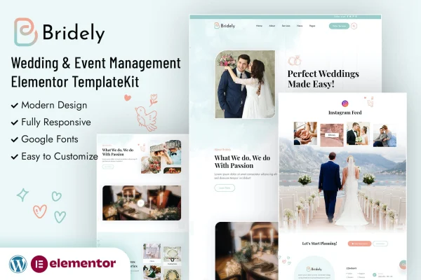Bridely wedding and event management Elementor template kit preview