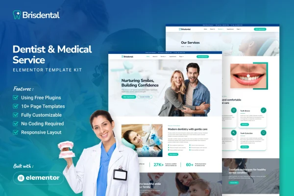 Brisdental Elementor template kit preview for dentist and medical service websites