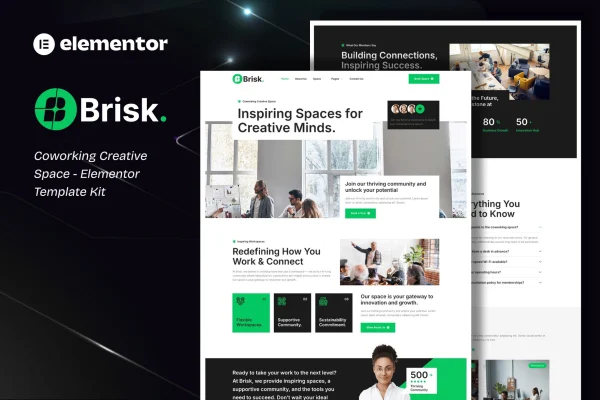 Brisk coworking creative space Elementor template kit preview